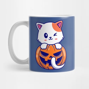 Cute Cat With Pumpkin Halloween Cartoon Mug